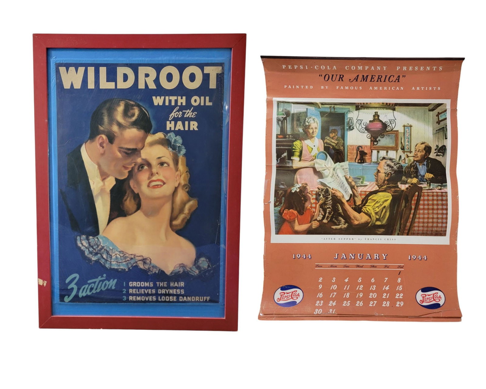 ADVERTISING POSTER AND CALENDAR: American, 1st half-20th century. Includes poster for Wildroot hair tonic, 39" high, 24" wide (framed); together with a 1944 Pepsi-Cola poster, with reproductions of wholesome paintings for each month,