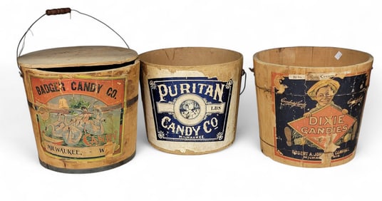 THREE CANDY BUCKETS WITH LITHOGRAPH LABELS