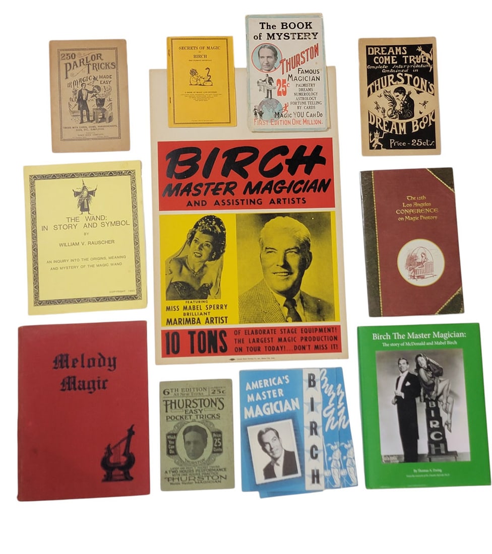 MAGICIAN MCDONALD BIRCH SHOW POSTER, PROGRAMS, AND BOOKS: Ohio, mid-20th century. A show poster, seven programs, and three books relating to MacDonald Birch, Master Magician. Poster is 22" high, 14" wide (overall). George McDonald "Mac" Birch (1902-1992) was