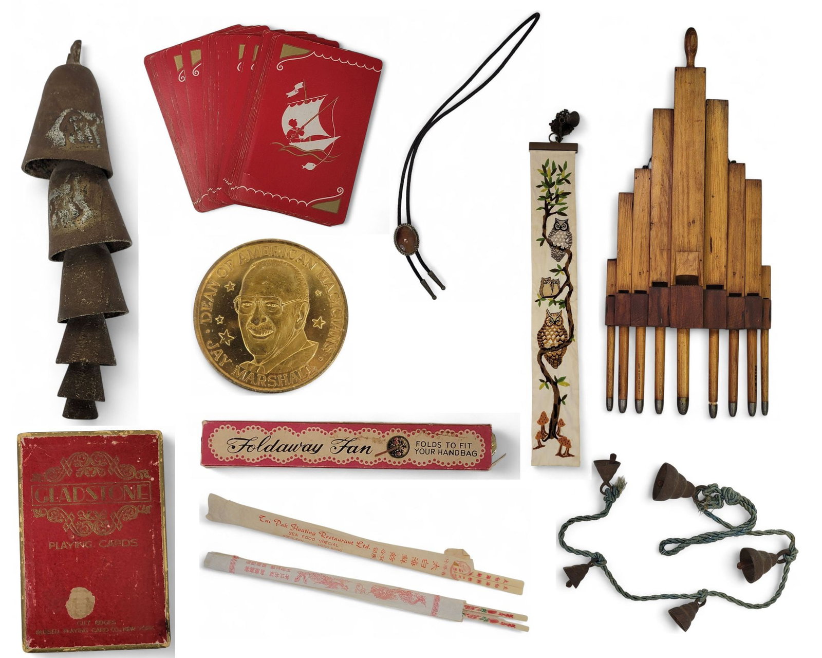 COLLECTION OF MAGICIAN MCDONALD BIRCH'S PERSONAL EFFECTS: All having belonged to McDonald Birch (1902-1992): one set of six graduated Bedouin/Persian camel bells, top two with raised camel design, 11" long, largest bell 3" high, 1.75" wide; a set of five gra