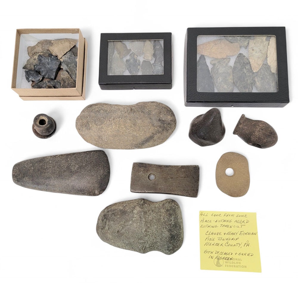 COLLECTION OF PRE-CONTACT NATIVE ARTIFACTS: All were collected in Pine Township, Mercer County, Pennsylvania. Includes points, axe head, gorget, small pots, etc. Provenance: an Ohio collection. Affordable, in-house shipping is available for thi
