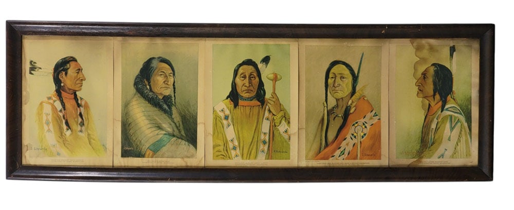 FRAMED GROUP OF NATIVE AMERICAN PORTRAITS: American, 1940s. Five lithographic portraits of Native Americans after Joseph Sheuerly (1873-1948), and from the Great Northern RailRoad / Glacier National Park "See America First" campaign in the 194