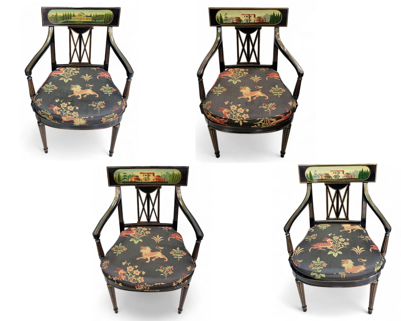 SET OF FOUR REGENCY-STYLE ARMCHAIRS: Possibly Baker Furniture, 20th century. Wood painted black with gold accents, colorful tapestry-style cushions with lions, deer, and plants. Tablet top rail with painted scenes of grand estates (3 mat