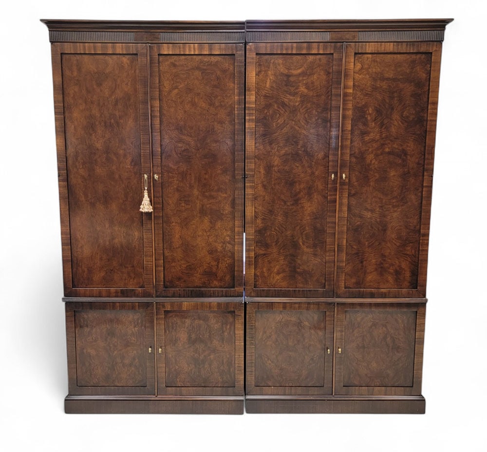 CONTEMPORARY ENTERTAINMENT CABINET/LINEN PRESS: 21st century. Four-piece, bottoms with internal drawers, tops with internal shelves, drawers, and cubbies. Brass hardware, tassel. 89.5" high, 86" wide, 33" deep (overall). From a Columbus, Ohio colle