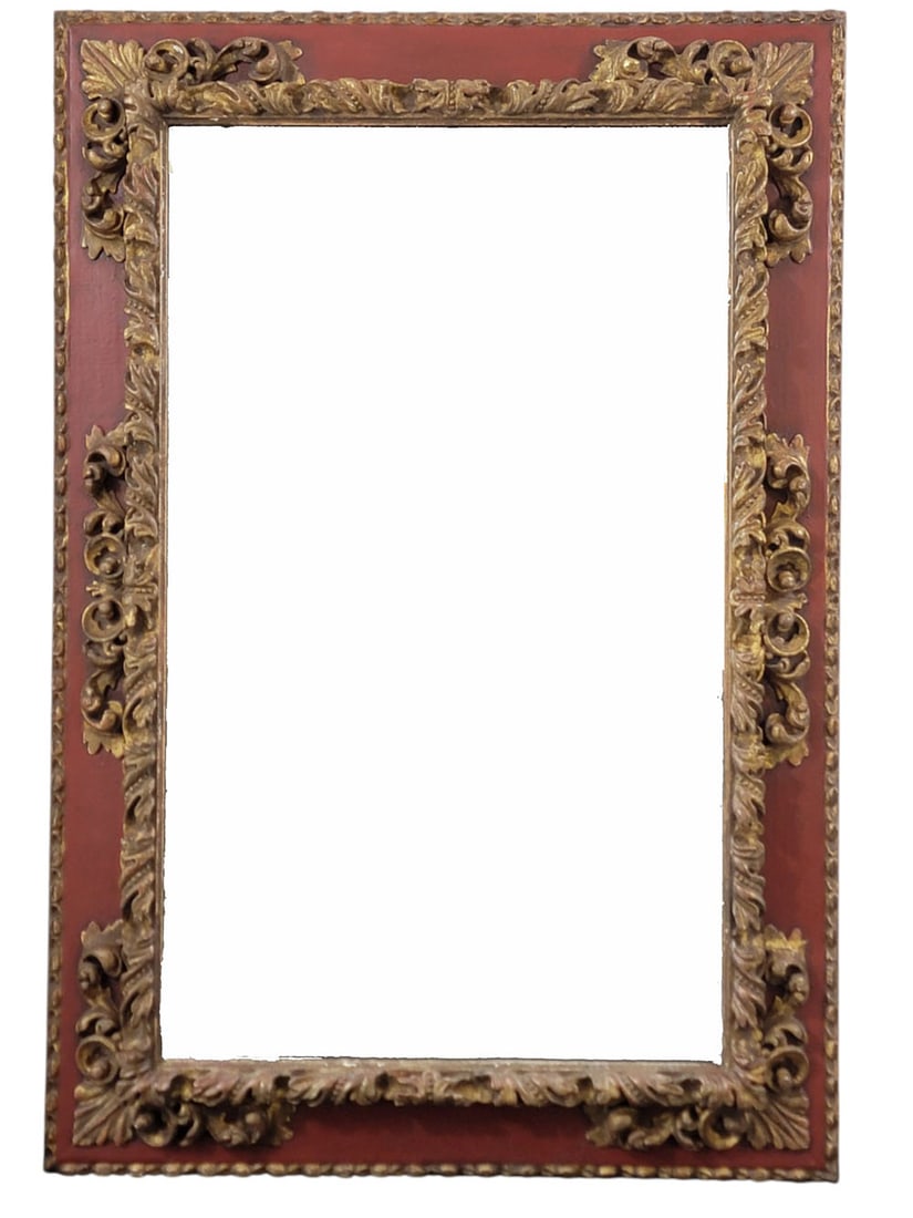 CONTEMPORARY ROCOCO-STYLE MIRROR: 20th century. Rectangular frame with red finish and applied acanthus scroll decoration in giltwood - antiqued finish. 52" high, 35.75" wide. From a Columbus, Ohio collection. Pickup or freight shippin