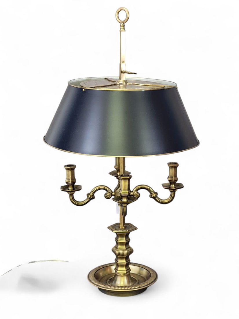 CHAPMAN CANDELABRA LAMP: No mark located but likely a Chapman lamp. Brass four-light candelabra mounted as lamp. Base has fabrication stickers including its date (2012-08). Wide black shade. 35" high, base 9.5" wide, shade 19
