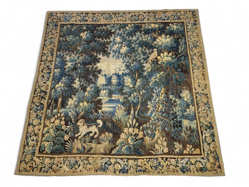 WOODLAND SCENIC TAPESTRY: European, 19th century, wool. Woodland scene with dog. 90" high, 91" wide. From a Columbus, Ohio collection. Affordable, in-house shipping is available for this lot. Please contact us for a quote.