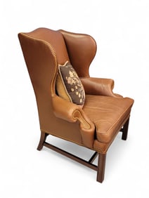 CHIPPENDALE-STYLE LEATHER EASY CHAIR & OTTOMAN