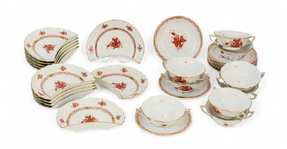 HEREND "CHINESE BOUQUET (RUST)" DINNERWARE: Hungarian. Includes 12 crescent salad plates (8.25" wide) and 9 footed cream soup bowls (2" high, 5.5" diameter) with saucers (7.25" diameter). Discontinued pieces. Featured often in "Downton Abbey," 