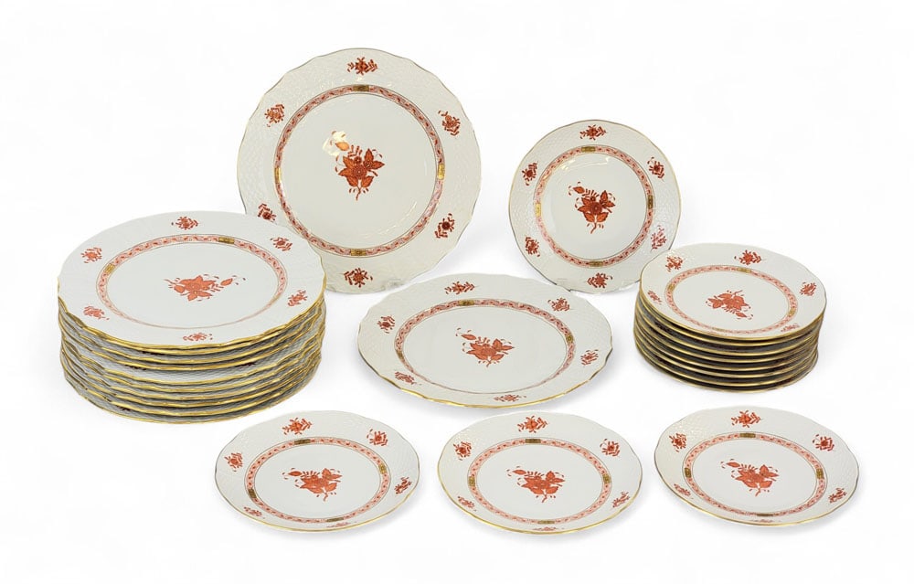 HEREND "CHINESE BOUQUET (RUST)" DINNERWARE: Hungarian. Includes 12 salad plates (8"d) and 12 chargers (11"d). Discontinued pieces. Featured often in "Downton Abbey," the pattern consists of an Oriental design with stylized flowers and leaves in