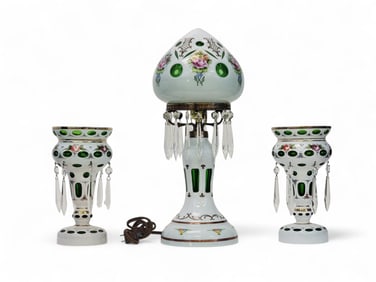 BOHEMIAN GLASS LAMP WITH PAIR OF MATCHING LUSTERS