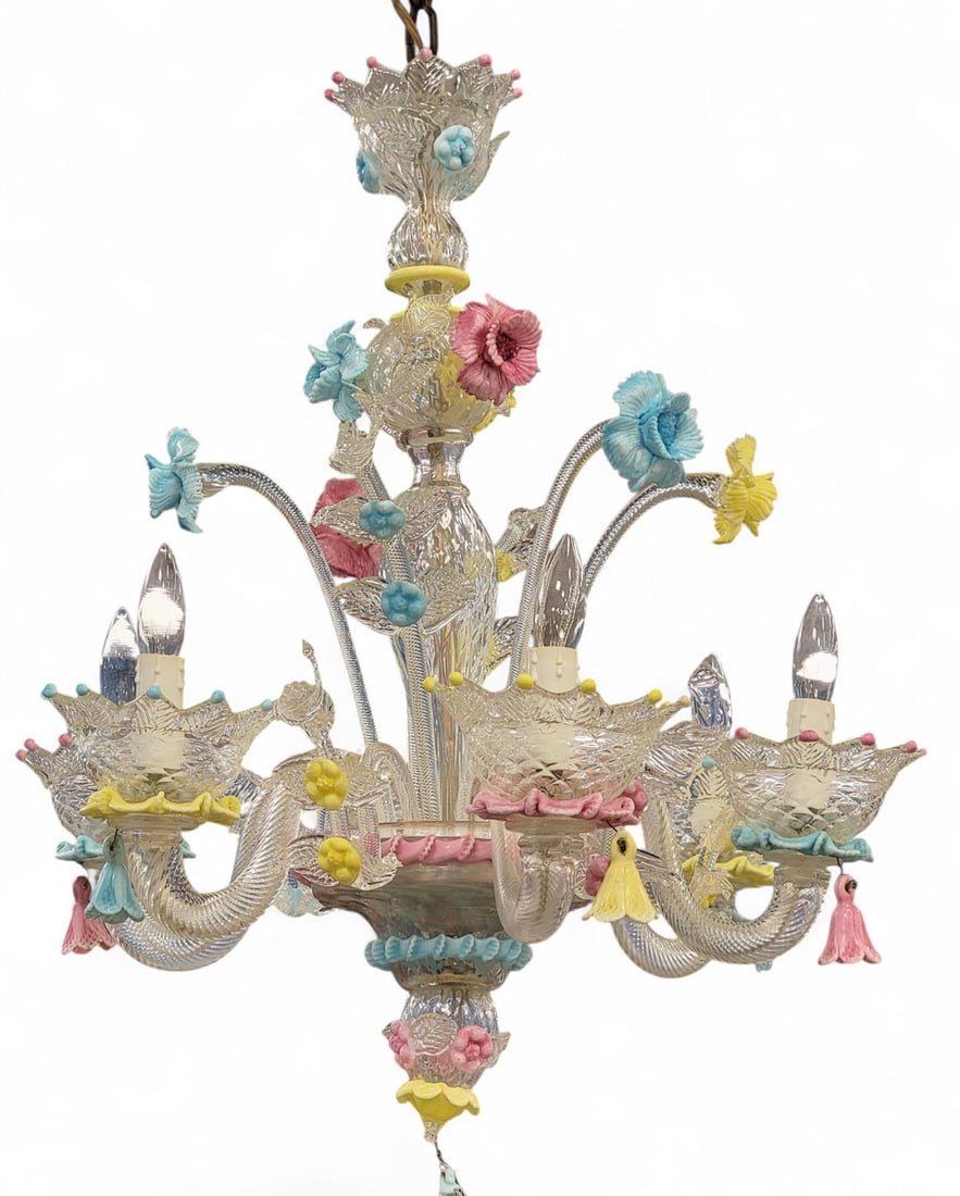 VENETIAN MURANO 6-LIGHT GLASS CHANDELIER: 20th century. 6-light glass chandelier of clear glass with pale pink, blue, and yellow flowers and accents. Crown-shaped bobeches and serpentine, finely twisted arms and scrolls. 25" high, 20" diamete