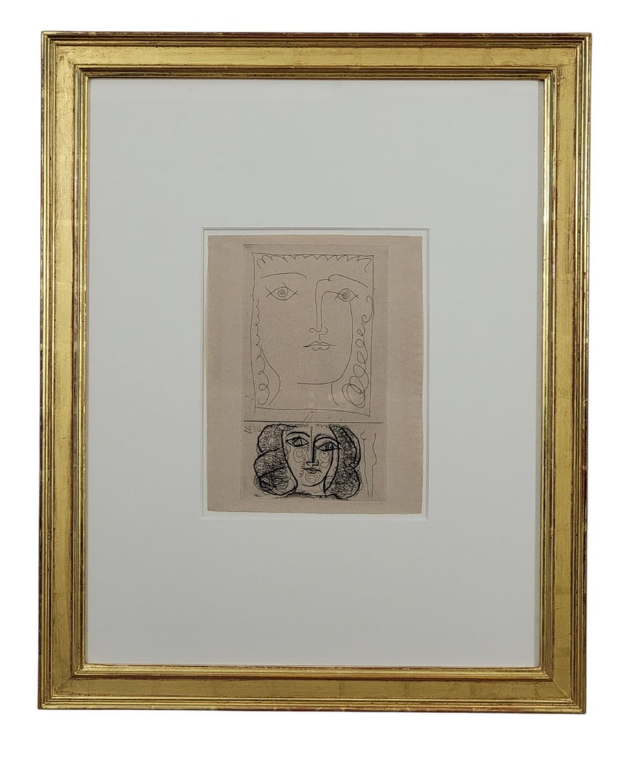 PABLO PICASSO (1881-1973), TWO HEADS OF A WOMAN, FACE ON: Deux Tetes de Femme de Face. Paris, 1945. Etching on paper. 11.25" high, 6" wide (plate); 30" high, 24.5" wide (framed). From a Columbus, Ohio collection; purchased at Art Access. Affordable, in-house