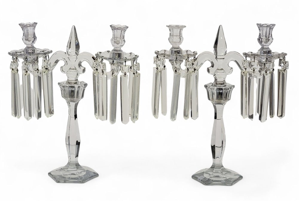 PAIR OF HEISEY CANDELABRA: Newark, Ohio, early 20th century. Old Williamsburg Style, tall form with two bobeches and space for 20 prisms. 16" high, 13" wide, 5" deep. From the collection of Dr. Bernard Master, Worthington, Ohio