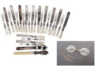 SET OF PEARL-HANDLED FLATWARE, PAPER KNIVES, & PINCE NEZ