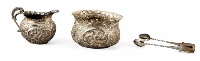 SILVER REPOUSSE CREAM PITCHER AND SUGAR BOWL, AND TONGS