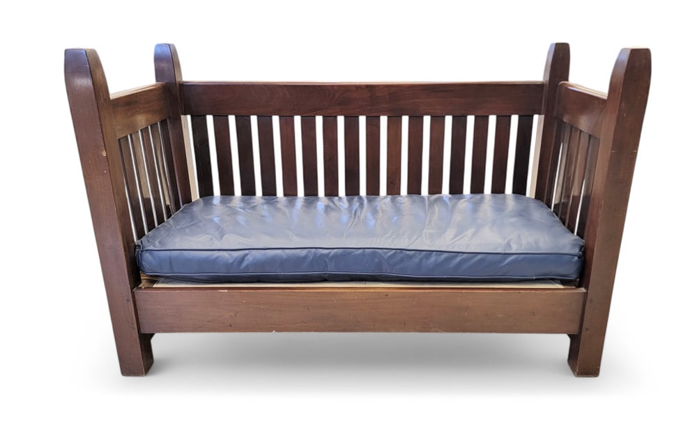 L&JG STICKLEY SETTEE: Fayetteville, New York, early 20th century, mahogany. Model #1131/2, with blue leather cushions. 39" high, 59.5" wide, 26" deep. Provenance: private collection. Provenance: private collection. Pickup
