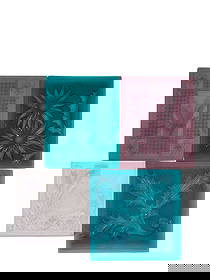 FOUR PRESSED GLASS WINDOW PANES: Mosaic Glass, Fostoria, Ohio or Addison Glass, Addison, New York, late 19th-early 20th century. Four tiles, two in deep aqua, one in amethyst, and one colorless, all with pressed designs. Largest is 5