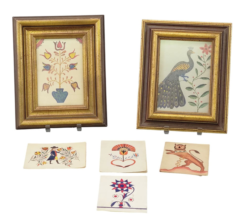 COLLECTION OF PENNSYLVANIA-GERMAN-STYLE WATERCOLORS (1 of 5)