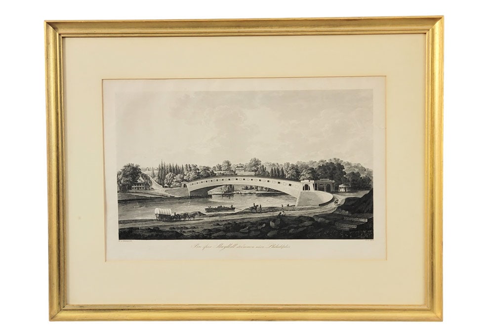 EARLY VIEW OF THE SCHUYKILL RIVER BRIDGE: Stockholm, 1824, engraving. Titled "Bro ofver Skuyukill strommen nara Philadelphia." A finely detailed scene by Axel Leonhard Klinckowstrom, engraved by Akrell, and published by C. Muller depicting Am