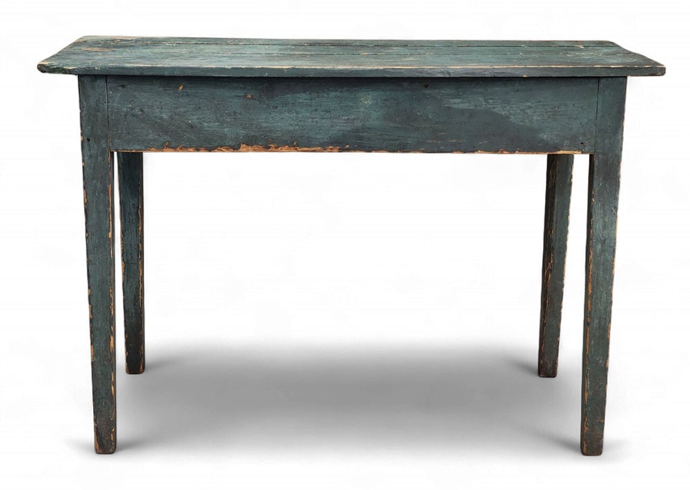PAINTED TABLE: New England, early 19th century, pine. Bowfront console table with tapered legs and original greenish-blue paint. 24" high, 36" wide, 16" deep. Provenance: a Pennsylvania collection; ex Missouri Plain