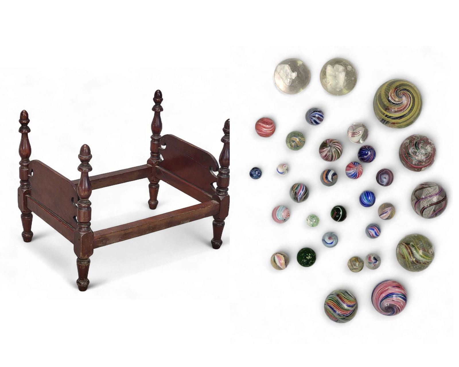 DOLL BED AND MARBLE COLLECTION: American, 19th-20th century. Includes a doll's cherry four-poster bed with acorn finials, 11.75" long; together with a collection of marbles, mostly latticino swirls, and also includes two sulphides (