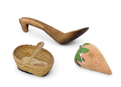 EFFIGY SCOOP, PIN CUSHION, AND BASKET