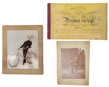 PENMANSHIP BOOK AND TWO EARLY CYCLIST PHOTOS