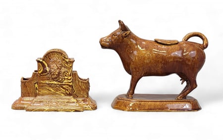 POTTERY MATCH HOLDER AND COW CREAMER