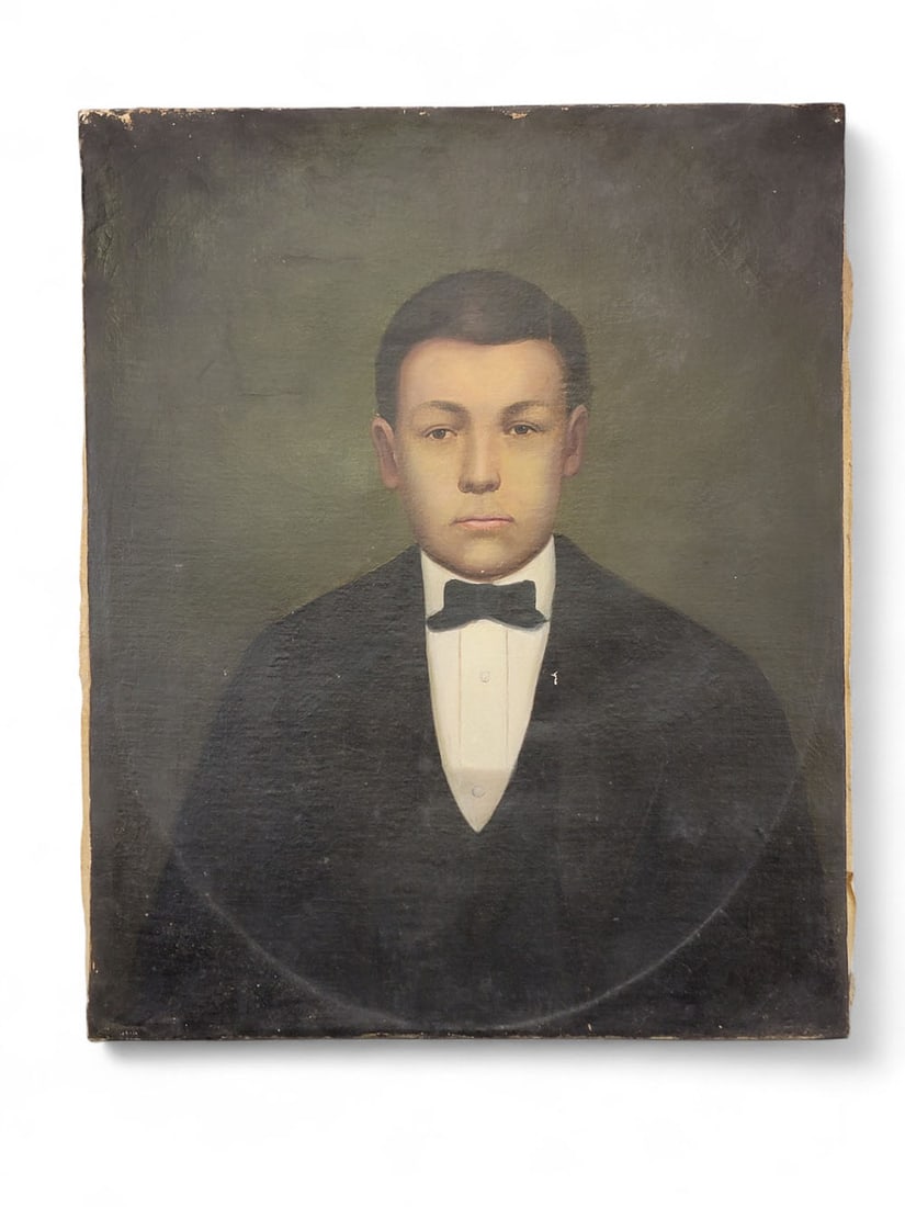 PORTRAIT OF A BOY OR YOUNG MAN: American, 19th century, oil on canvas. Portrait of a boy or young man in a white shirt, black coat, and black bowtie. No signature found. 27" high, 22.25" wide. Provenance: A southeast Ohio collection