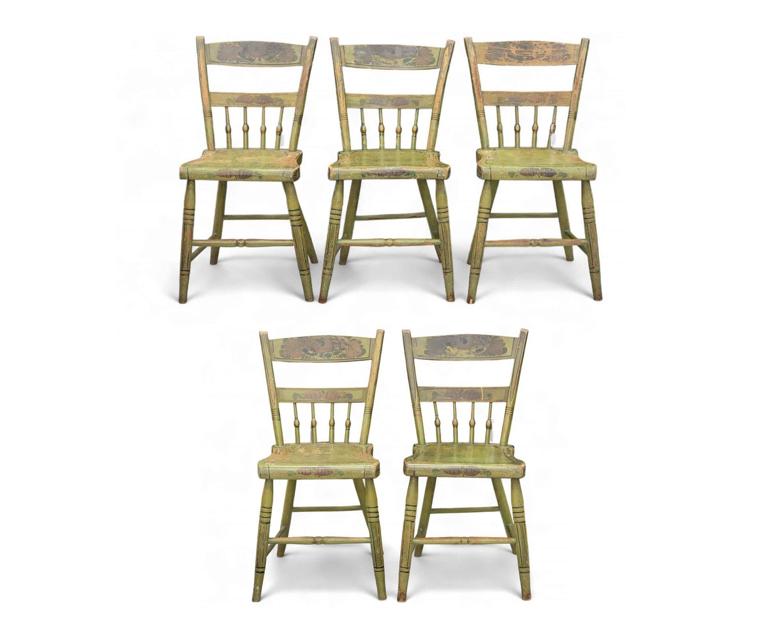 SET OF FIVE DECORATED WINDSOR CHAIRS: Pennsylvania, 1820-1840, mixed woods. Half-spindle windsors with original decoration on a green ground. 32.25" high. Provenance: a Western Reserve collection. PLEASE NOTE OUR SHIPPING PROCESS. There a