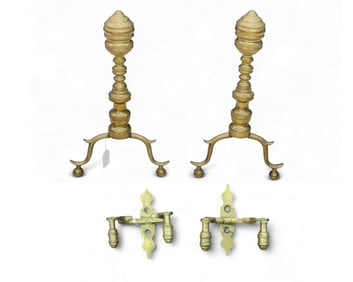 PAIR OF ANDIRONS AND JAMB HOOKS