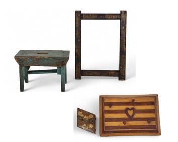 PAINTED STOOL, FRAME, AND TWO BOXES