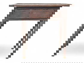 HEPPLEWHITE TABLE WITH DRAWER: American, early 19th century, walnut and poplar. Breadboard top and tapered legs, and retaining its original red paint, now darkened/oxidized. 29" high, 30" wide, 23.5" deep. Provenance: an Ohio colle