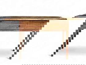 HEPPLEWHITE WORK TABLE: Possibly Rhode Island, early 19th century, maple and chestnut. Two-board top with breadboard ends, one drawer, and tapered legs. Retains old red paint. 27.75" high, 50" wide, 30.25" deep. Provenance: