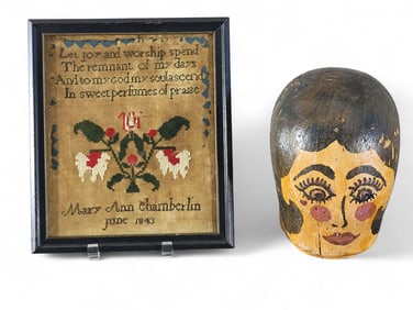 SMALL SAMPLER AND MILLINER'S HEAD DISPLAY