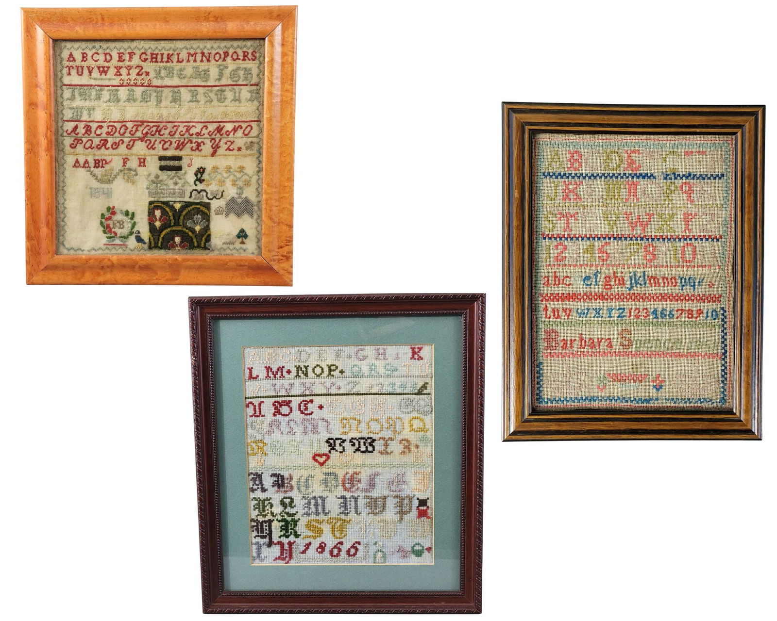 THREE DATED MID-19TH C. NEEDLEWORK SAMPLERS: American or European, mid-19th century, wool on linen. Three dated needlework samplers. 1: A cross-stitch sampler in shades of red, green, gold, blue, and brown. Upper half contains alphabet in three