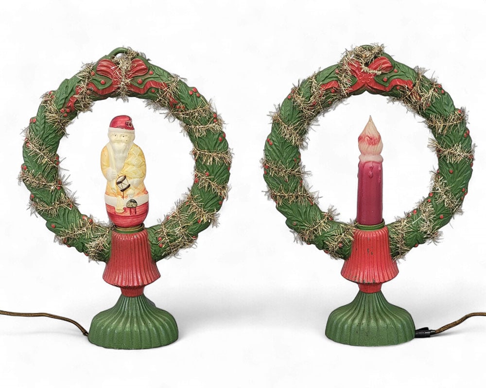 PAIR CAST IRON CHRISTMAS WREATH LAMPS (1 of 11)