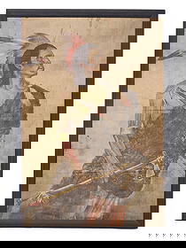 PORTRAIT OF A NATIVE AMERICAN BY F.A. RINEHART (1861-1928): American, 20th century, printed canvas. A portrait of a Native American warrior with headdress, red-painted arm and legs, gold armband, bow and arrow, tomohawk, fur garment. Tomahawk handle stamped "C