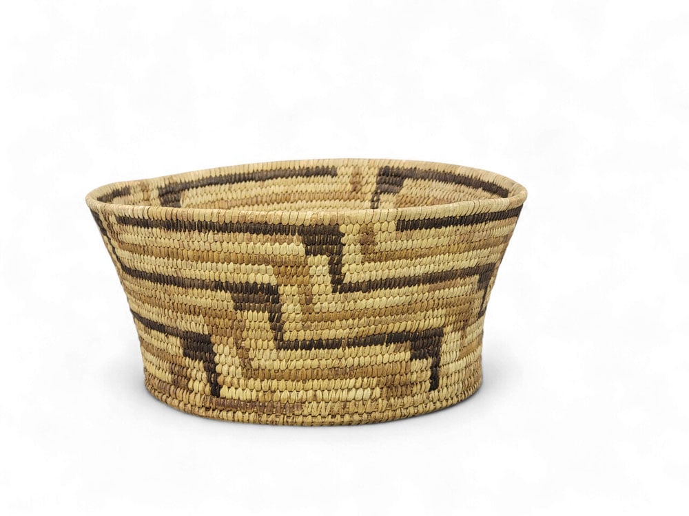TOHONO O'ODHAM BASKET: 1st half-20th century. Geometric design, and slightly flared sides. 5.5" high, 10.5" diameter. Provenance: private collection. PLEASE NOTE OUR SHIPPING PROCESS. There are four ways to get your purchas