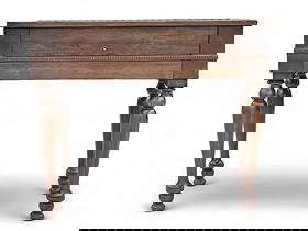 SPINET DESK: 1st half-20th century, mahogany. Of typical form, with turned legs. 32.5" high, 38.25" wide, 20" deep. Provenance: a southern Ohio collection. PLEASE NOTE OUR SHIPPING PROCESS. There are four ways to