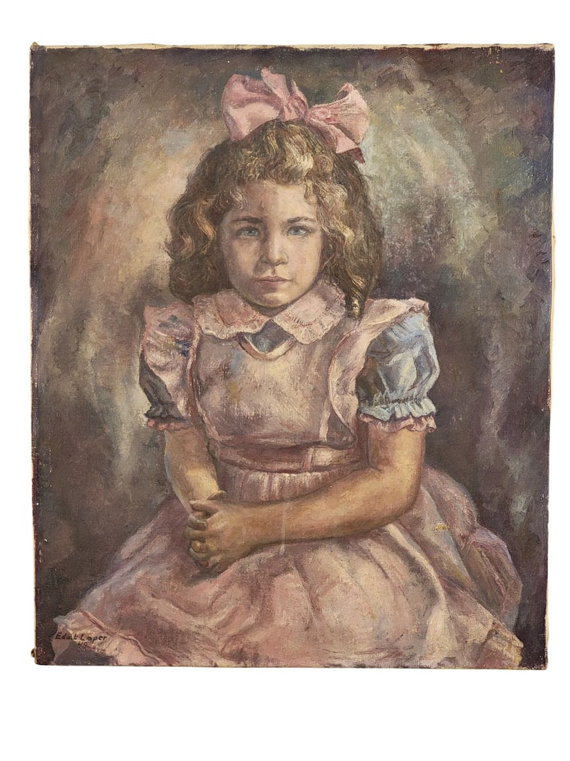 PORTRAIT OF A GIRL IN A PINK DRESS BY EDWARD L. LOPER, SR. (1916-2011): American, 1949, oil on canvas. Portrait of a girl in a pink dress with blue puff sleeves and a pink bow. Signed and dated lower left. 24" high, 20" wide. Provenance: an Ohio collection. PLEASE NOTE OU