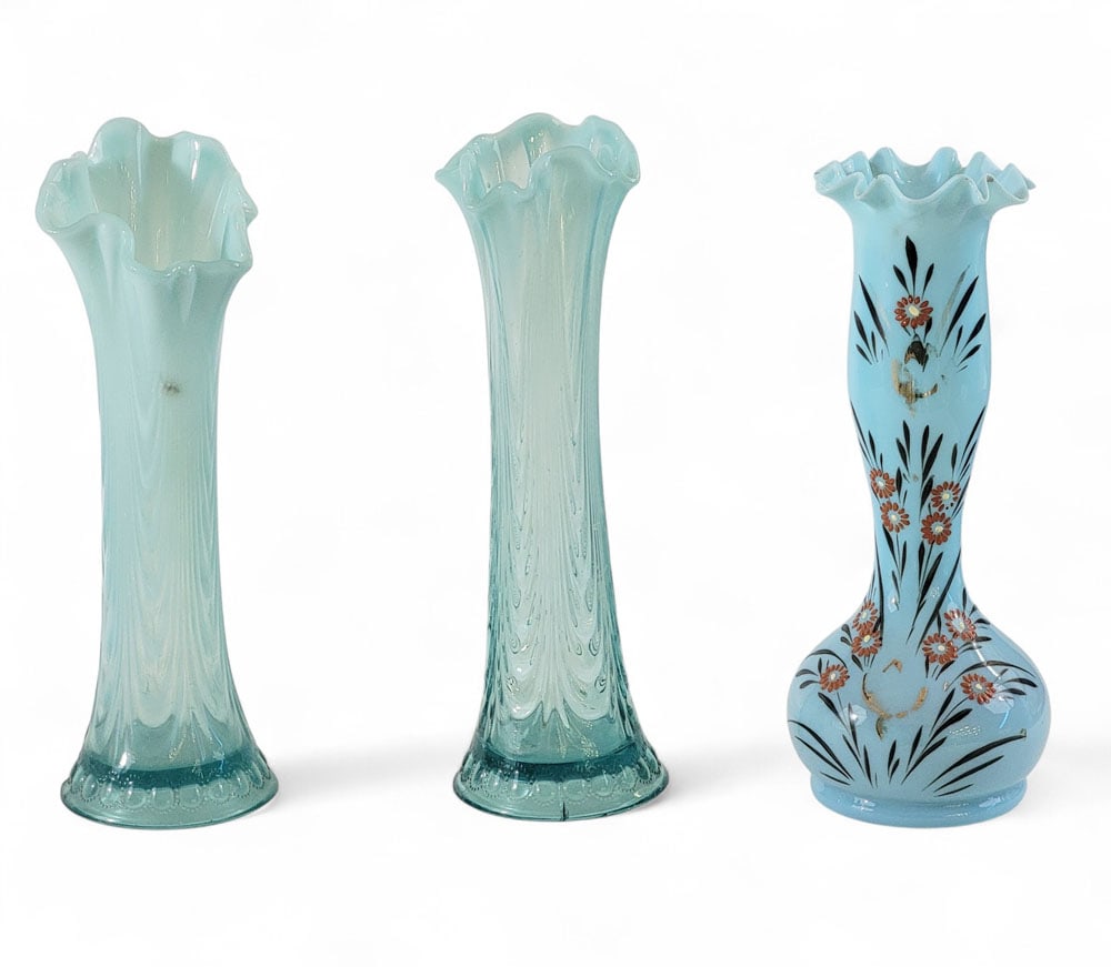 THREE BLUE OPALINE ART GLASS VASES (1 of 12)