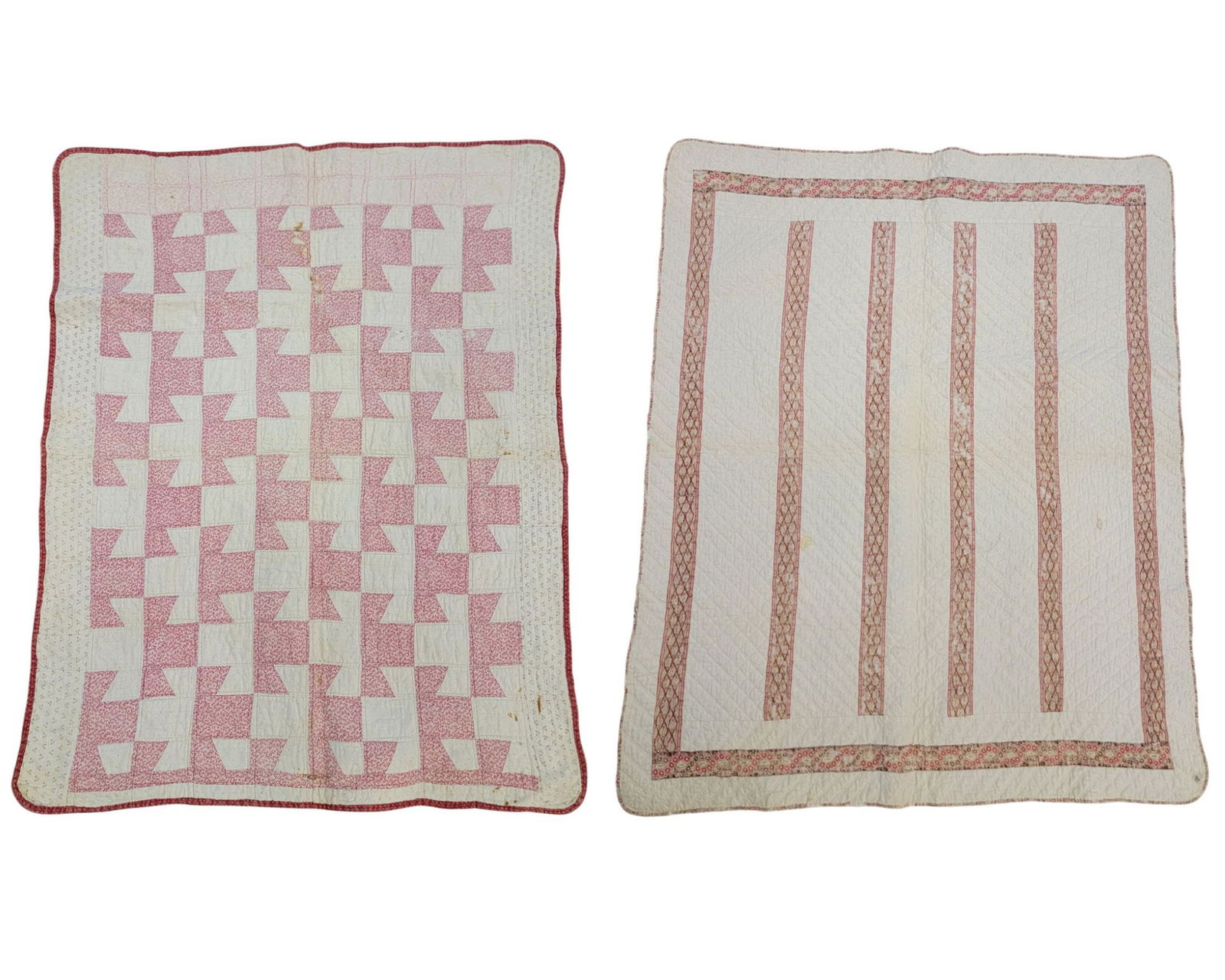 TWO PINK AND WHITE CRIB QUILTS: American, 19th century, cotton. Two crib quilts in pink and white: the first, with vertical bars of printed pink fabric on solid white ground. Hand-pieced and quilted. 42" long, 35" wide; together wit
