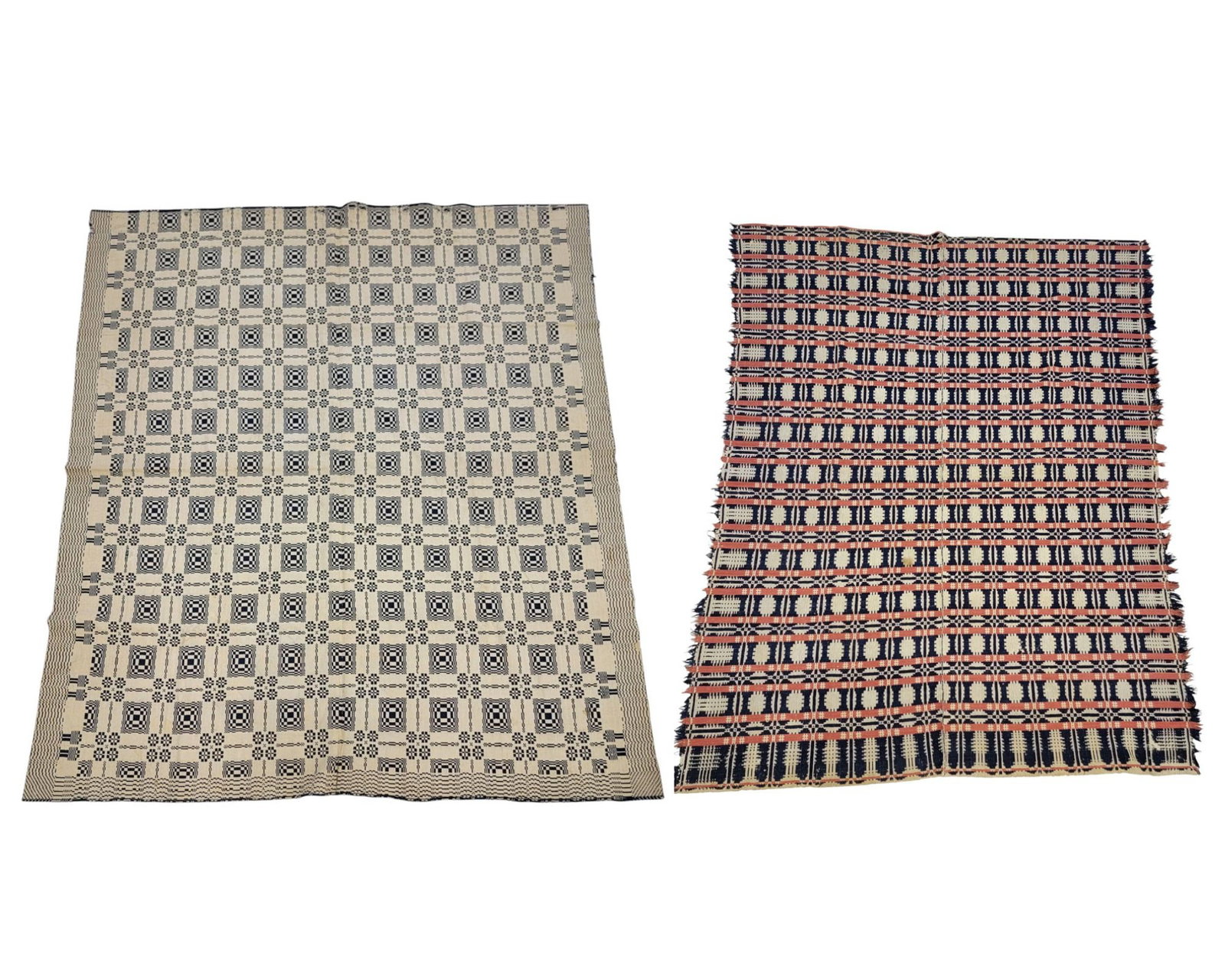 OVERSHOT COVERLETS: American, 19th century. Two overshot coverlets: the first in indigo and white. Centerfield with 'blossom' clusters around optical illusion squares. Tree borders at sides, striped borders all around. N