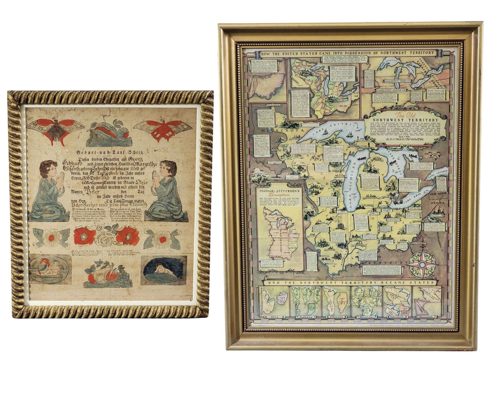 OHIO FRAKTUR AND MAP: Printed and handcolored fraktur made for George Gebhard, born in 1806 in Montgomery County, in a later 19th-century frame, 17" high, 14.75" wide (overall) together with a WPA map of the Northwest Terr