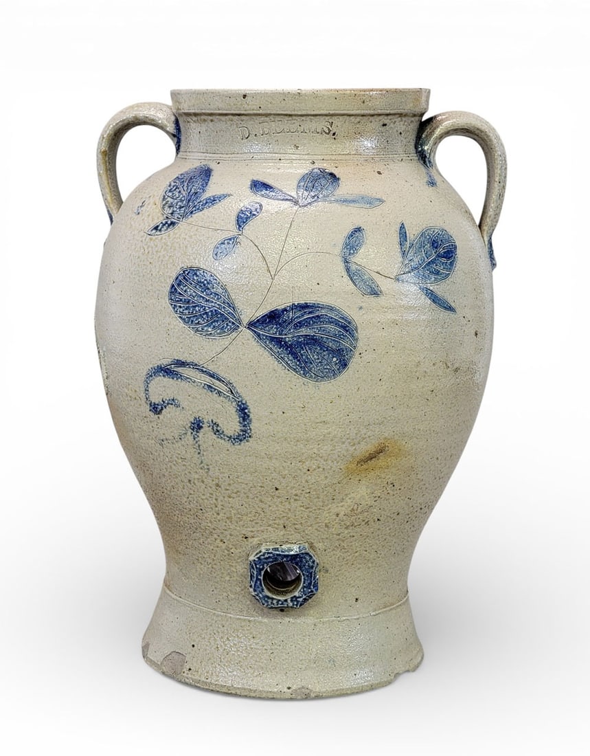 OHIO INCISED AND DECORATED STONEWARE COOLER: Marked "D. BEEMS", Muskingum County, Ohio, c. 1850. Baluster form with loop handles and squared bunghole, and with incised and cobalt decorated leaf decoration. 15.15" high. Retains an early tag readi