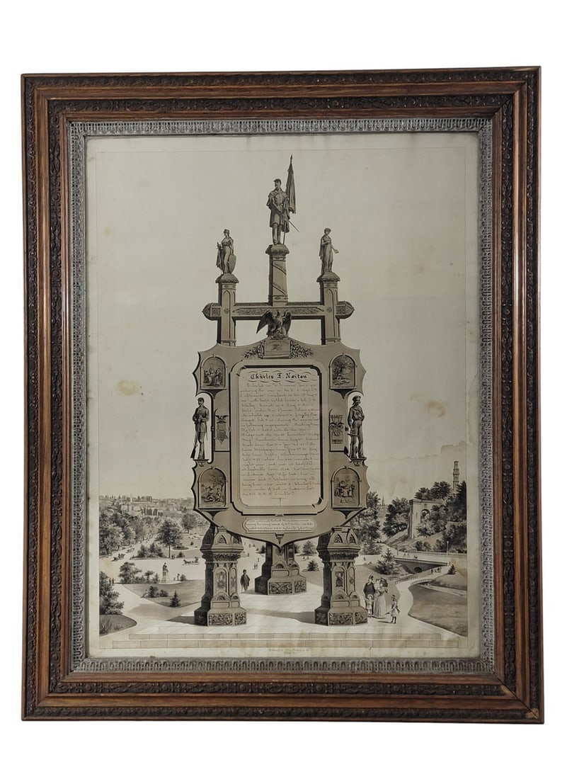 OHIO CIVIL WAR MEMORIAL: Late 19th century, lithograph published by Dux, Philadelphia. Printed easel-shaped monument filled in for Charles Norton of the 18th Ohio Volunteer Infantry. In its original frame. 40.5" high, 32" wid