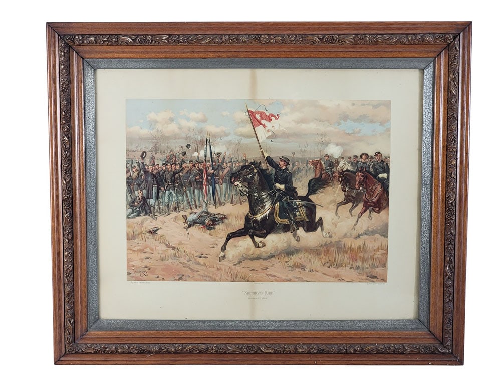 PRANG, AFTER THULSTRUP, "SHERIDAN'S RIDE": Boston, 1886, chromolithograph. A Civil War scene entitled "Sheridan's Ride, October 19th, 1864." Printed by L. Prang & Co, Boston, after Thure de Thulstrup. Framed. 20.5" high, 26.5" wide (sight), 28