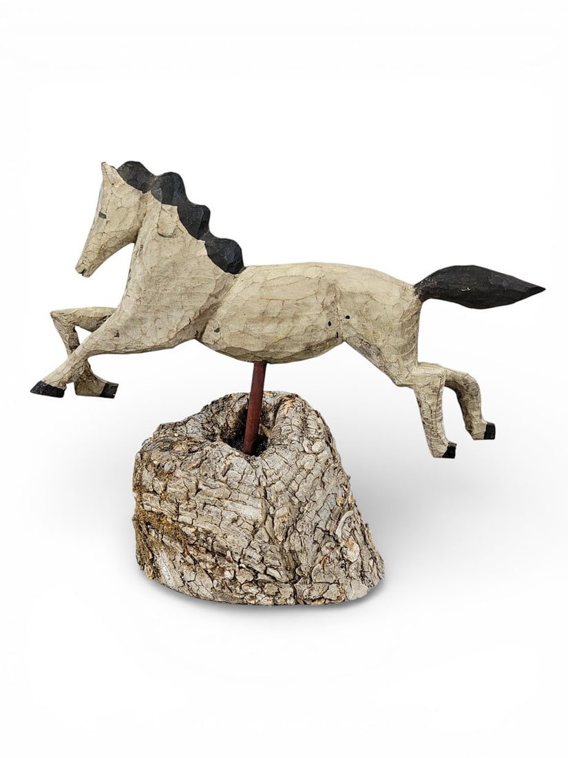 FOLK ART CARVING: American, 20th century, mixed woods. A carved and painted horse in a burl stand. 10" high, 12.5" wide, 4.75" deep. Provenance: a southeast Ohio collection. NOTE: We are happy to answer questions and t